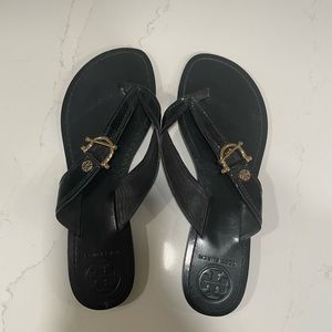 Tory Burch black patent leather sandals, gold hardware detailing, size 8
